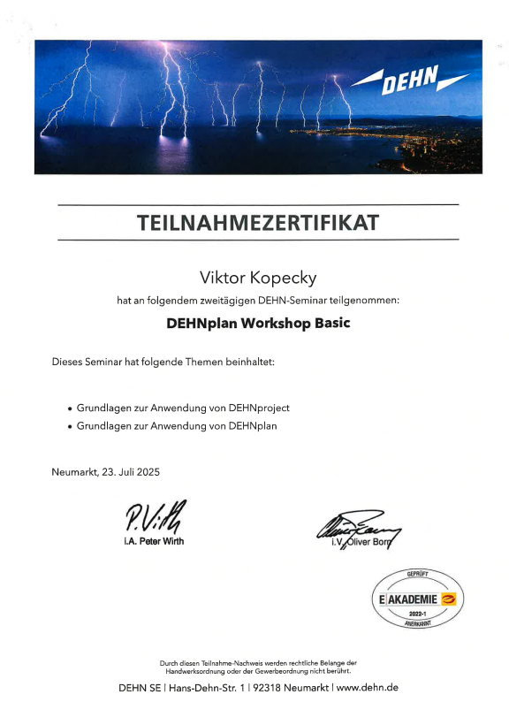 Screenshot 2026-05-07 124404 Teilnahmezertifikat von Viktor Kopecky für den DEHNplan Workshop Basic