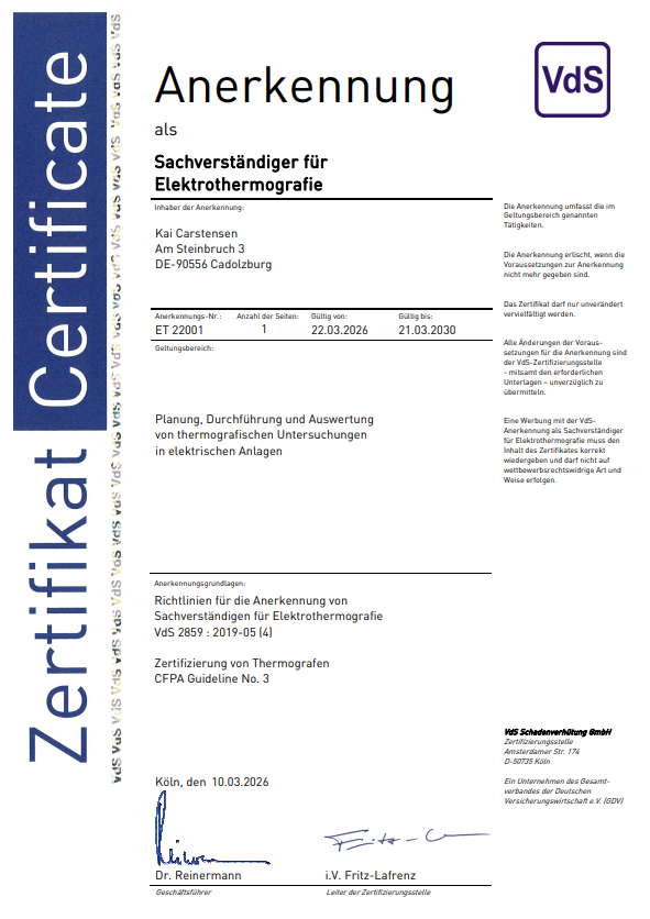 Screenshot 2026-05-07 124508 VdS-Zertifikat für Kai Carstensen als Sachverständiger für Elektrothermografie