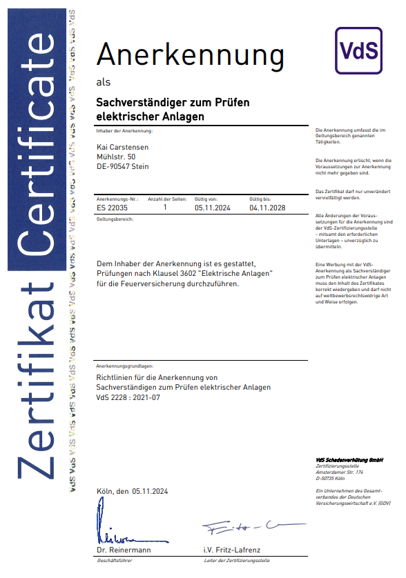 Screenshot 2026-05-07 124541 VdS-Zertifikat für Kai Carstensen als Sachverständiger zur Prüfung elektrischer Anlagen