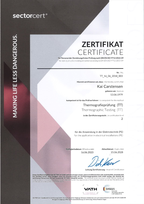 Screenshot 2026-05-07 124648 Zertifikat von Kai Carstensen für Thermografieprüfungen der Stufe 2 an elektrischen Anlagen nach DIN EN ISO 9712