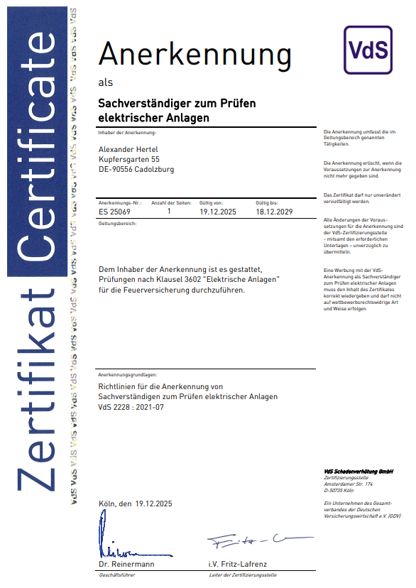 Screenshot 2026-05-07 124823 VdS-Anerkennungszertifikat von Alexander Hertel als Sachverständiger zum Prüfen elektrischer Anlagen