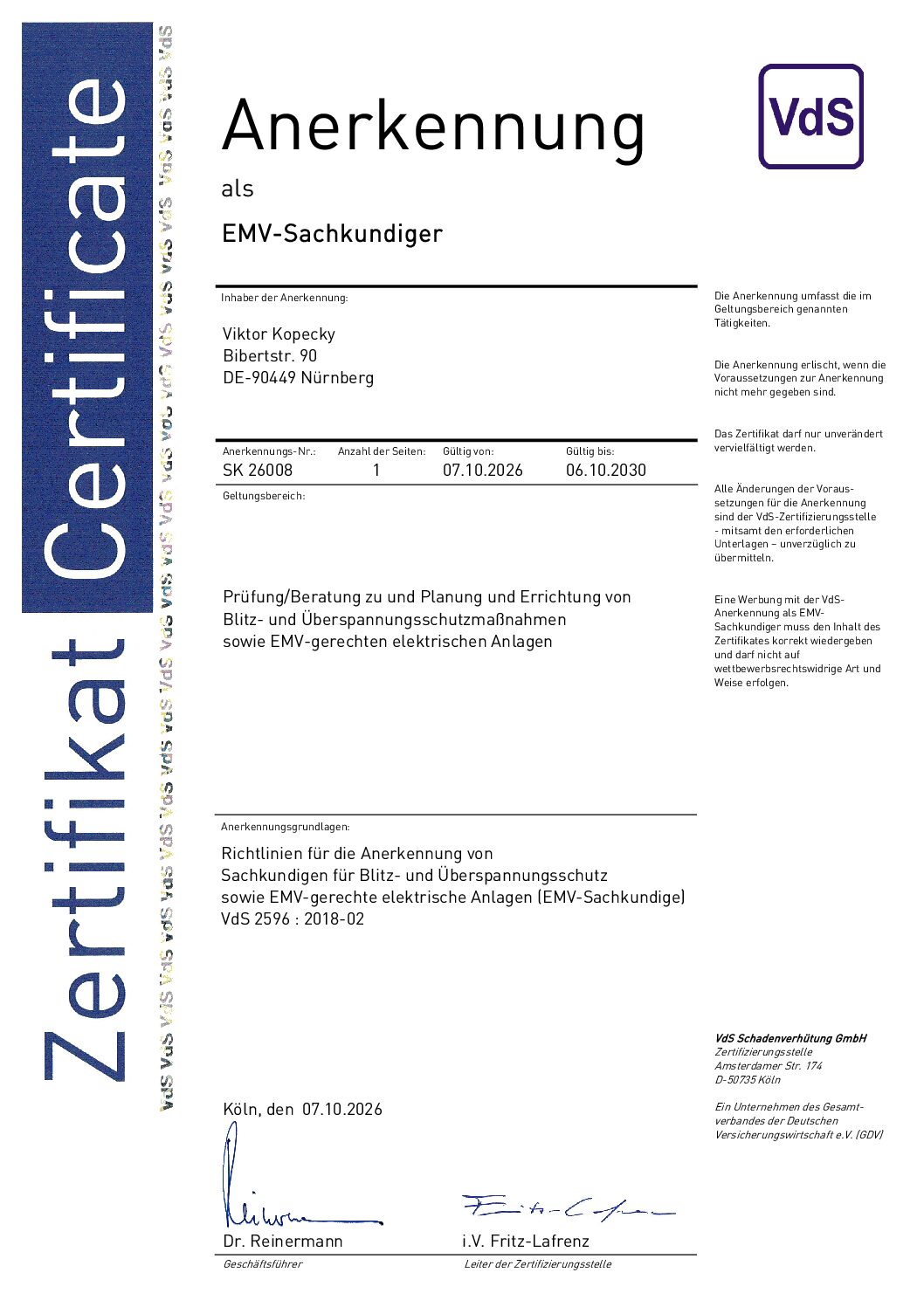 Zertifikat SK 26008 VdS-Zertifikat EMV-Sachkundiger – Viktor Kopecky